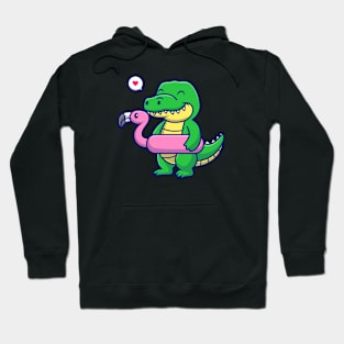 Cute Crocodile With Flamingo Swimming Tires Cartoon Hoodie